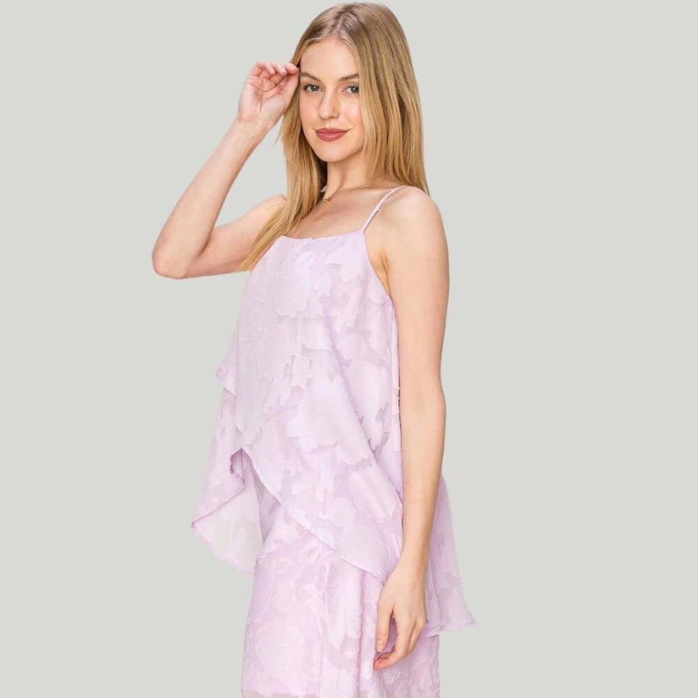 Floral Jacquard Cami Organza Tank Top With Spaghetti Strap - Color Lavender